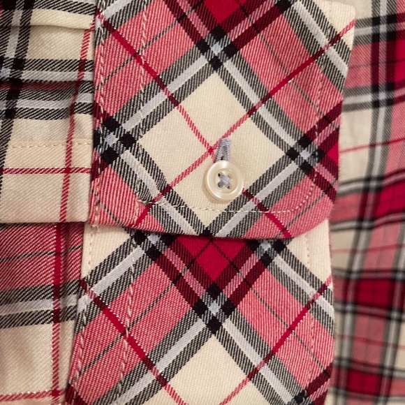 Talbots shimmer red plaid shirt with fine metallic- long sleeve button down S - Picture 6 of 10